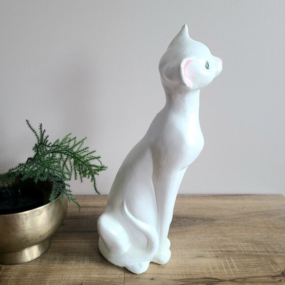 14'' tall vintage long neck white cat with green glass eyes figurine. - Picture 3 of 8